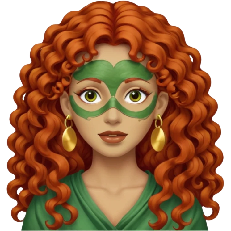 red haired very long curly haired woman with full face green clay mask  and big earrings  emoji
