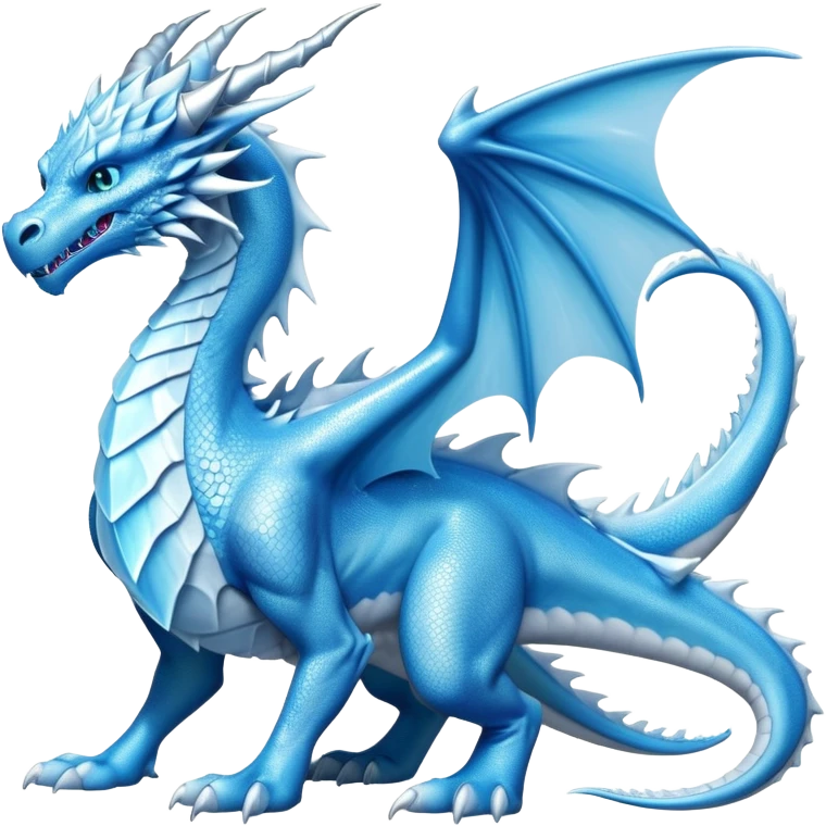 Cinematic Noble wise elegant Ice Dragon full body  Emoji, Poised and imposing, distinct long elegant snout, with a slender, scaled body shimmering in glacial hues of icy blue, frostbitten silver, and crystalline white, breathing out frost, with piercing, glowing ice blue white eyes that radiate the chilling depths of an arctic storm; rendered in detail. excuding wisdom emoji