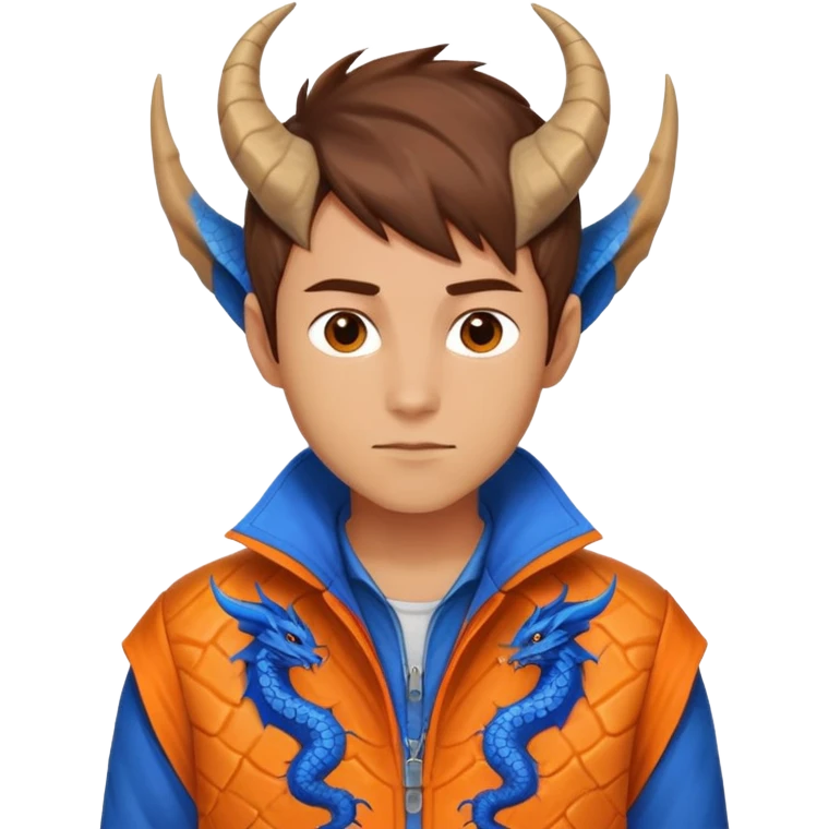 human man with blue dragon skin, brown short hair, small horns, orange jacket emoji
