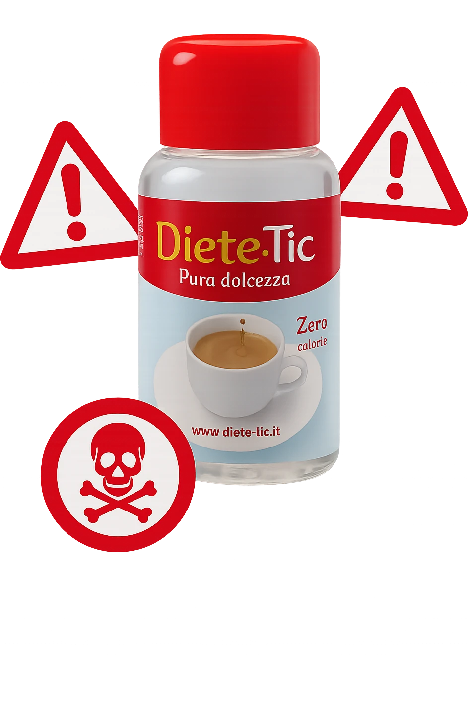 BOCCETTA DI DOLCIFICANTE LIQUIDO CON LA SCRITTA "DIETE-TIC" SULL'ETICHETTA FLUTTUA IN ARIA INSIEME A SEGNALI DI PERICOLO 3D emoji