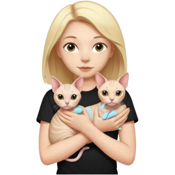 A white girl with light hair in black T-shirt is holding one Sphynx girl cat in her arms emoji