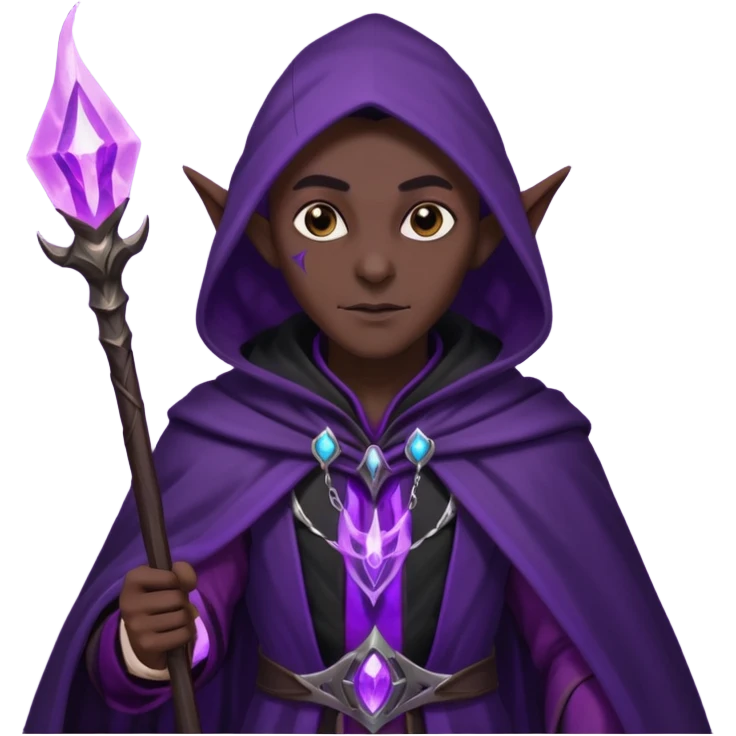 {
      "type": "human",
      "look": "dark elf wizard, black cloak, purple energy around staff",
      "description": "a dark elf wizard in a black cloak channeling purple energy around their staff"
    } emoji