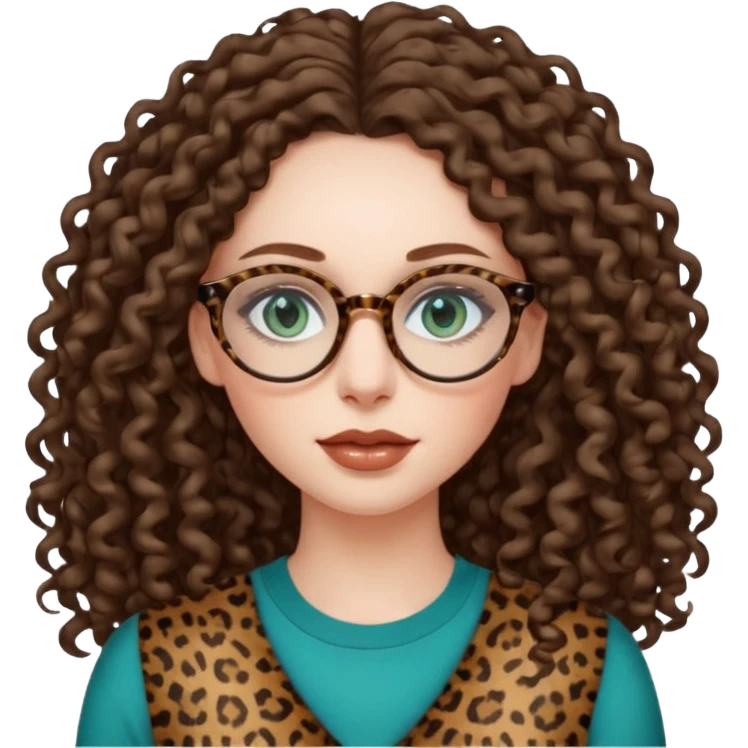 a blue green eyed woman with very long brunette curly hair, full lips,and pale skin. She is wearing a leopard printed thin round-ish glasses . She is wearing a brown top. emoji