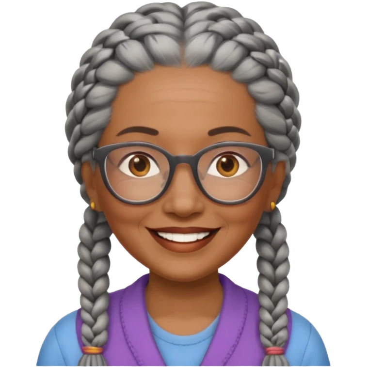 Older woman of color with gray braids, glasses and smiling emoji