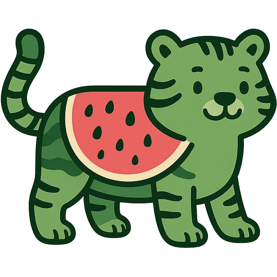 flat toon style green tiger with watermelon body emoji