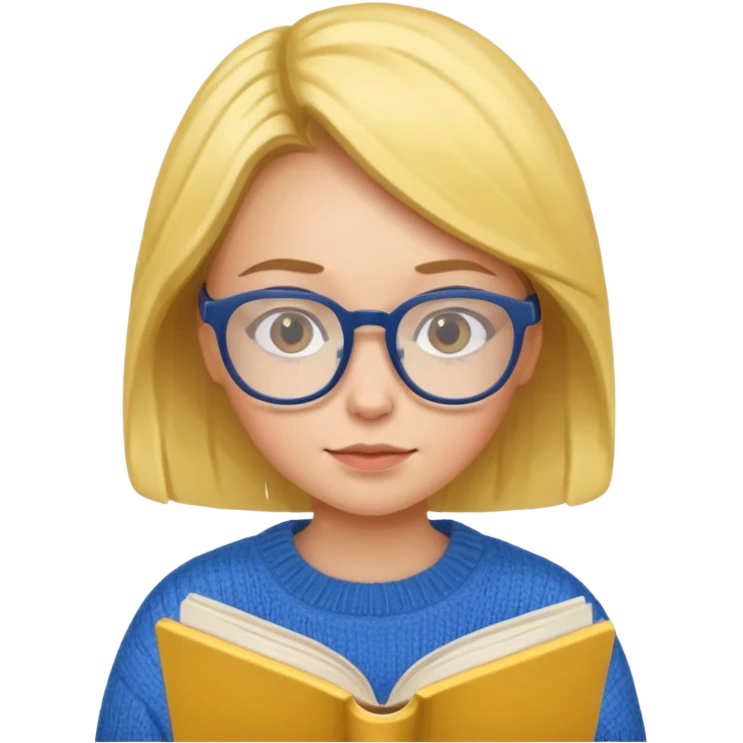 a girl with glasses wearing blue sweater reading a yellow cover book emoji