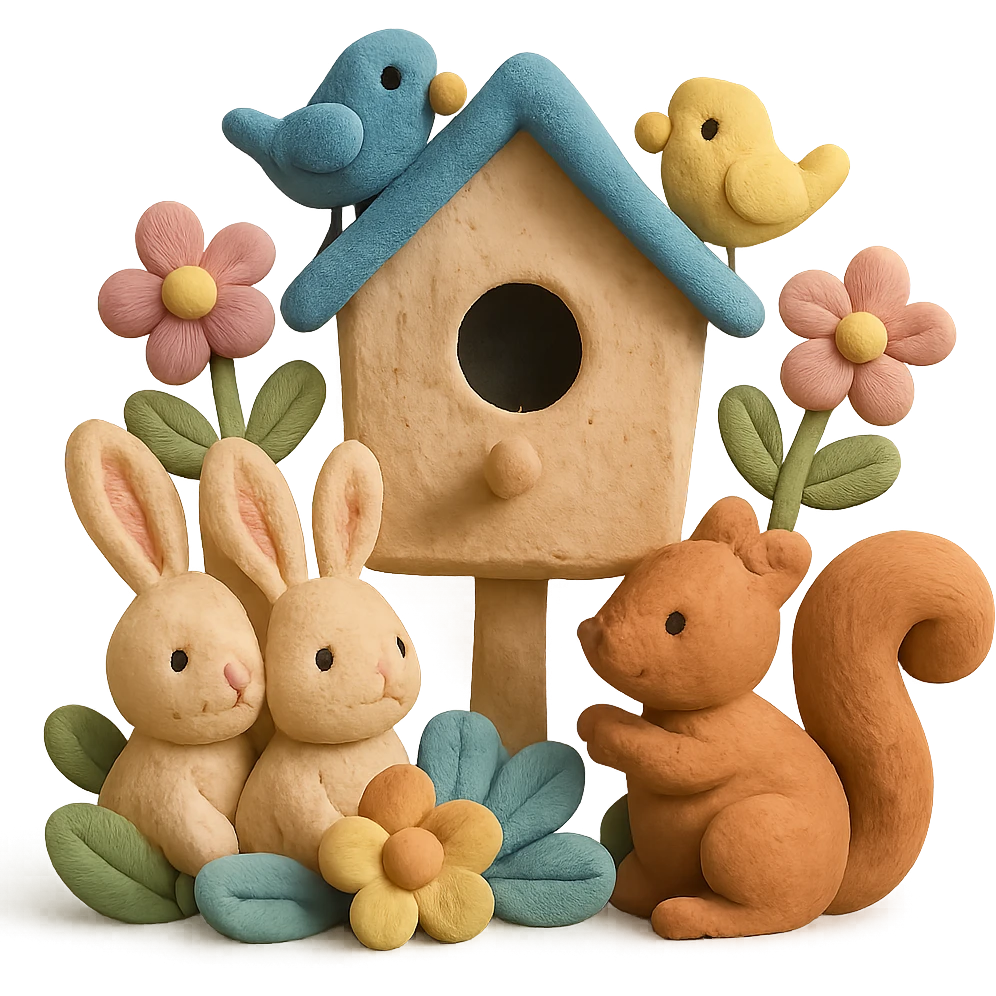 birdhouse with flowers and forest creatures including bunnies, birds, squirrels, soft pastel colors, transparent background emoji