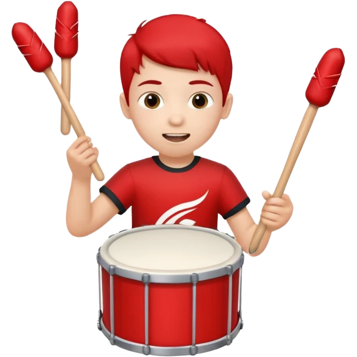 A young boy wearing team colors, banging a small drum excitedly. emoji