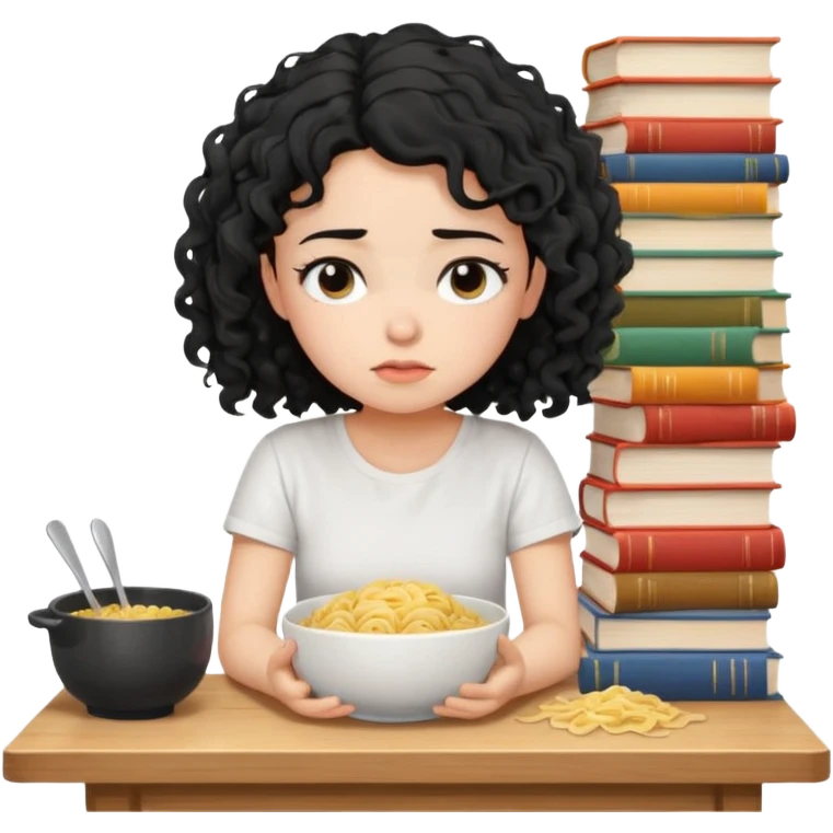 generate a pretty bratz fair skinned girl with curly black hair wearing a white tshirt sitting on a table with noodles and books. looking sleepy and tired and sad emoji