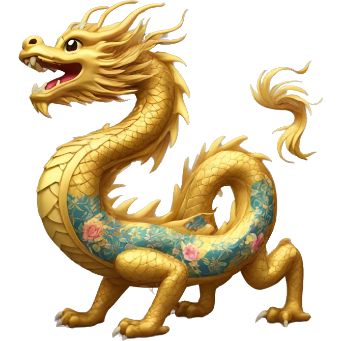 Golden Chinese dragon with floral pattern on its body  emoji
