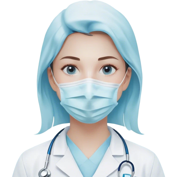 A minimalistic bust of a dentist wearing a white coat with a light blue shirt underneath. The figure has a simple white surgical mask covering the mouth and nose, with visible focused eyes. A small tooth icon is subtly placed on the coat instead of a red cross. The design is sleek and modern, with smooth lines and soft shading. The background features a minimal, abstract dental symbol such as a tooth outline or a small dental tool (mirror or scaler). No extra details, keeping a clean, professional, and minimalistic emoji style emoji