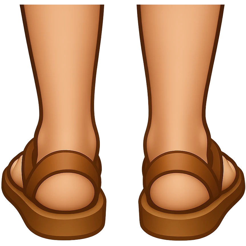 Backview of Mary Magdalene's feet in sandals, matching the style and colors from the reference image, in emoji style with transparent background. emoji