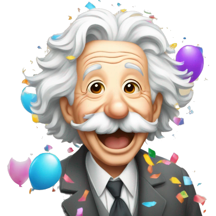 happy albert einstein with colorful confetti and partty baloons emoji