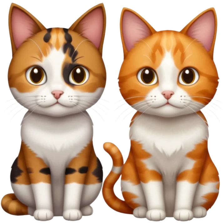 3 different coloured small cats including a dark brown tabby and white, and a patchy calico, and a ginger and white emoji