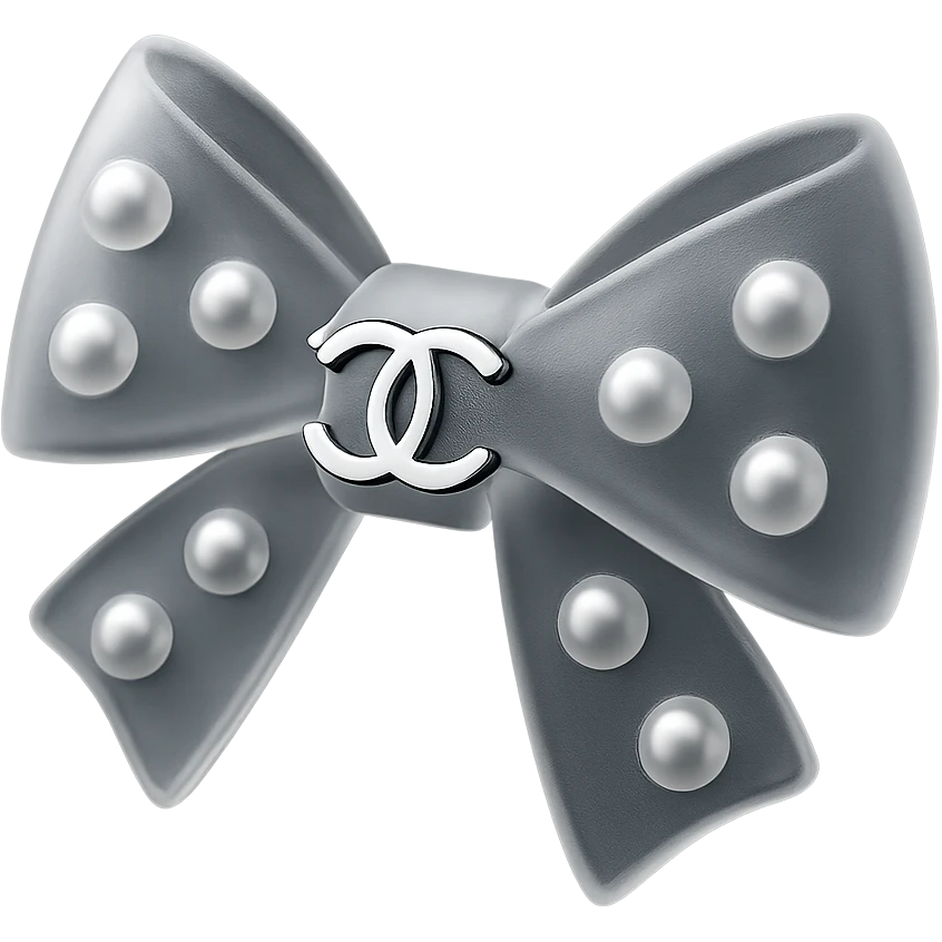 elegant bow with pearls and silver Chanel logo, glossy, black and white emoji