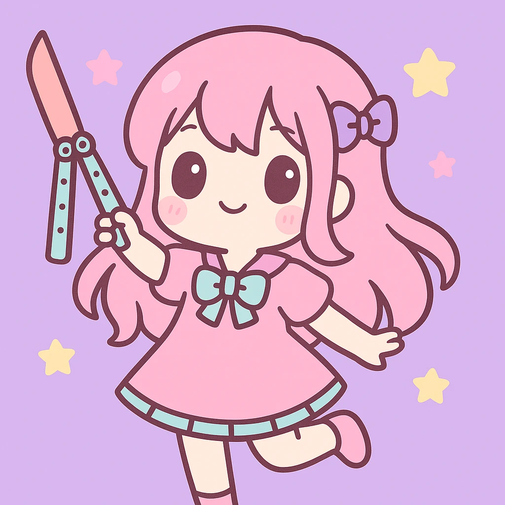 Add a lilac background behind the stylized anime girl with a balisong, keep the kawaii style. emoji