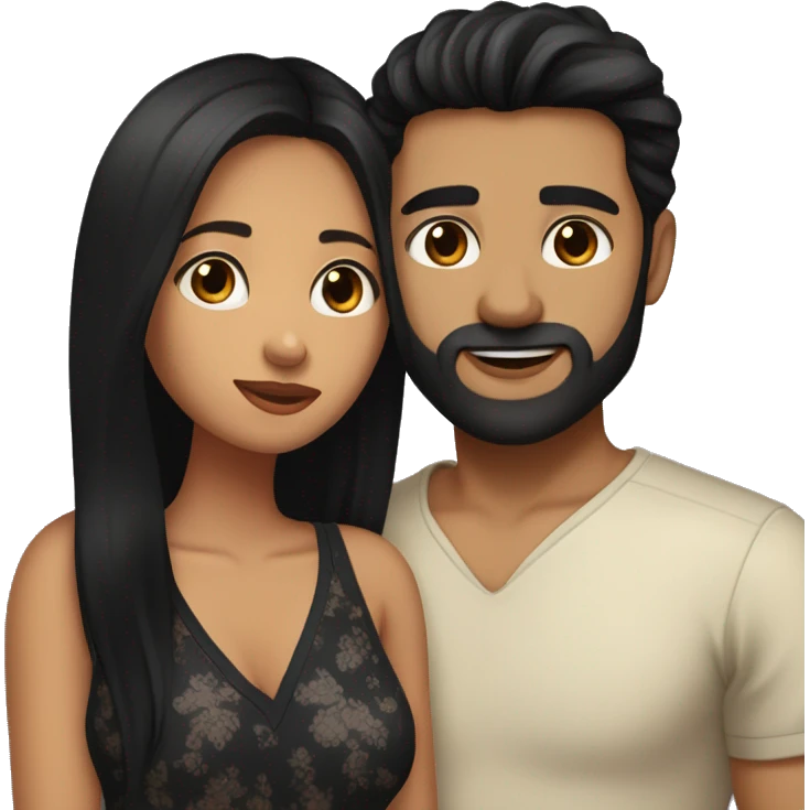 Medium skinned toned short bearded man with black hair kissing medium skin toned girl with black long hair wearing pajamas emoji
