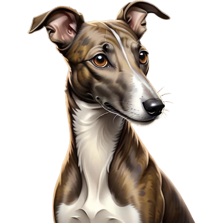 Cinematic Noble Brindle Greyhound Portrait Emoji, Poised and regal, with a slender, aerodynamic build and a refined brindle Fur, deep-set soulful eyes, Simplified yet sharp and sophisticated features, highly detailed, glowing with a soft, dignified glow, high shine, intelligent and agile, stylized with an air of elegance, focused and attentive, soft glowing outline, capturing the essence of a watchful and graceful racer, so majestic it feels as though it could dash out of the screen with effortless authority! emoji