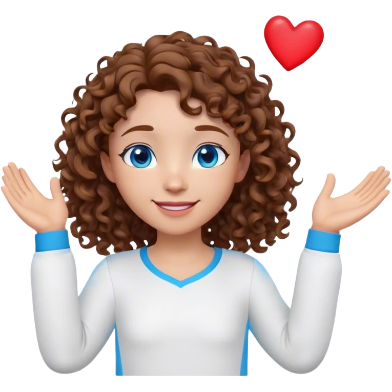 A 3D cartoon-style avatar with a friendly, expressive face. The avatar has curly  hair, bright blue eyes, and a warm smile. It wears a simple white long-sleeve shirt and has a playful pose, with one hand raised and small red hearts floating around emoji