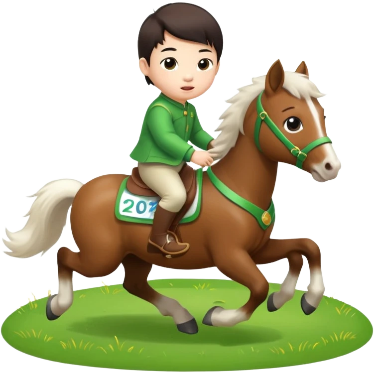 l little chinese baby riding on a  cute horse running really fast on the grass with 2026 year's label emoji