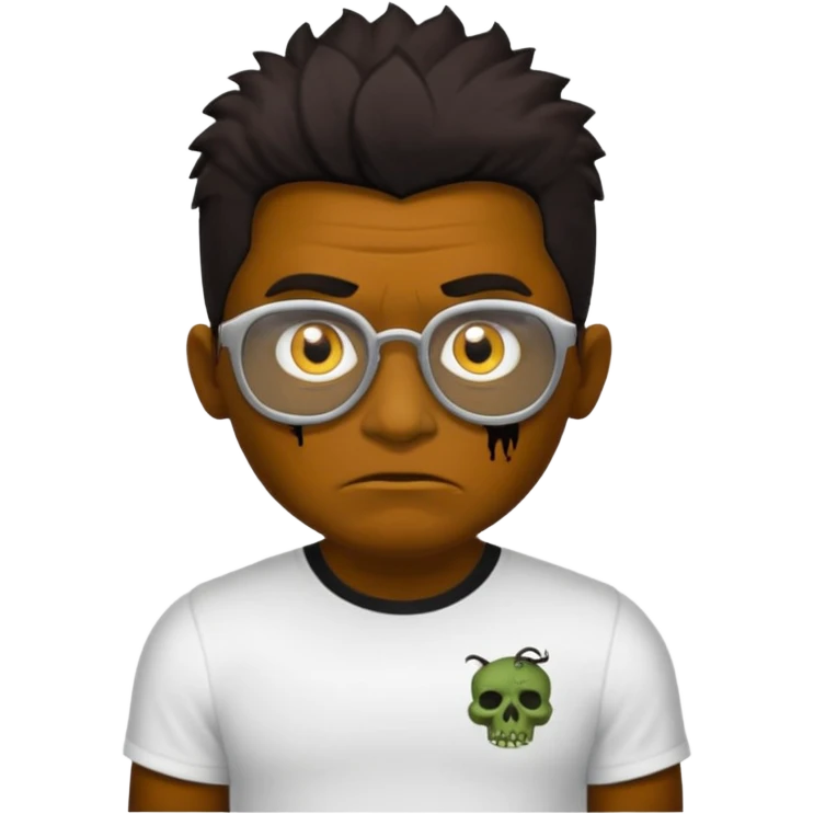 Um garoto zombie de cabelo castanho escuro, quase preto, com um cabelo médio, com olhos castanhos esverdeados, de camisa branca, com óculos redondo emoji
