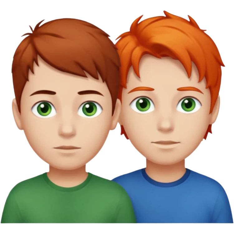 two boys one dark brown hair and green eyes and the other orange hair, blue eyes and light skin emoji