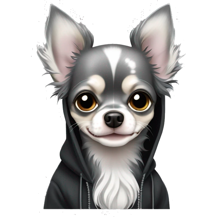 Dark Grey Merle light grey long hair chihuahua dog in a black hoody emoji