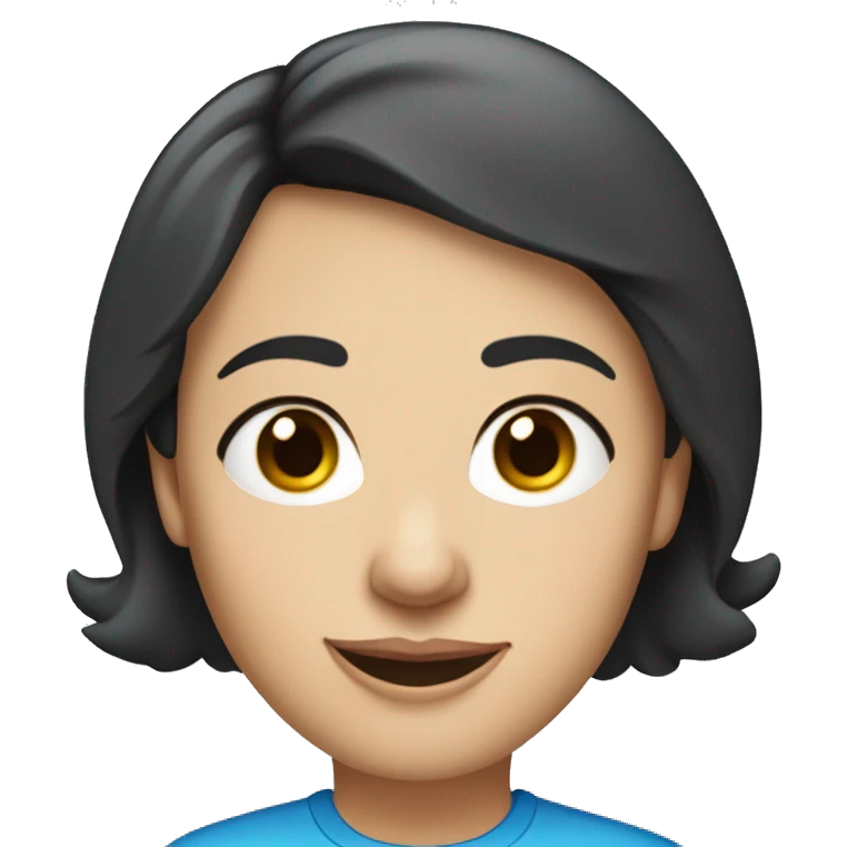 A head and shoulders shot of a 50 year old caucasian woman with short black hair, blue eyes wearing a tshirt. emoji