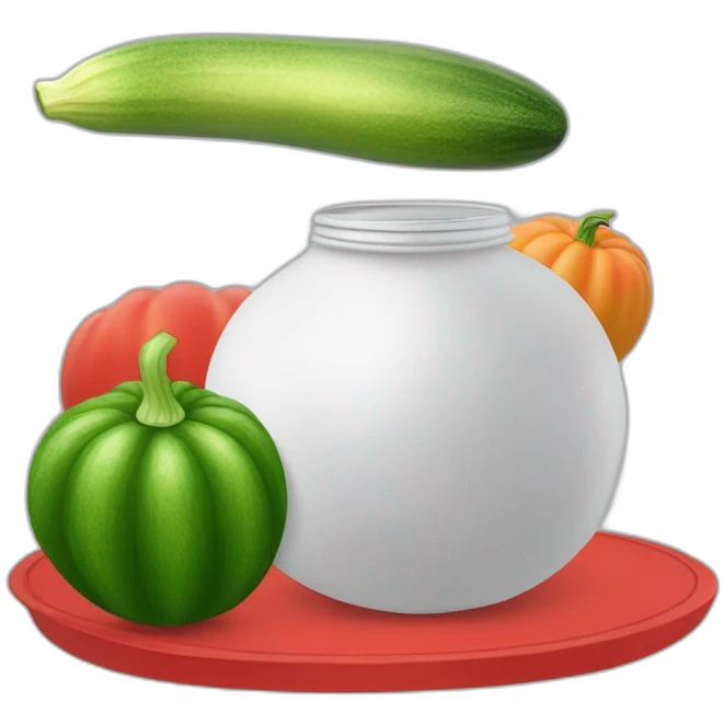 a white ball and some kind of witch next to it and this is all on a red trampoline and in the witch’s hand is a green jar of zucchini emoji
