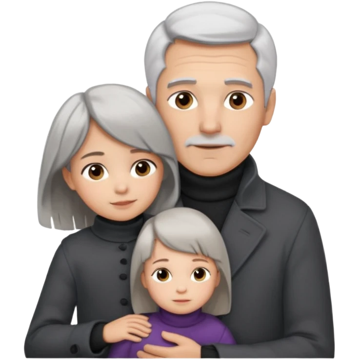 A father with silver-grey hair styled neatly and a clean-shaven face, wearing a dark turtleneck and wool coat, holding his girl child gently. The child has light brown hair and a soft white dress. Warm cinematic lighting, emotional close-up. emoji