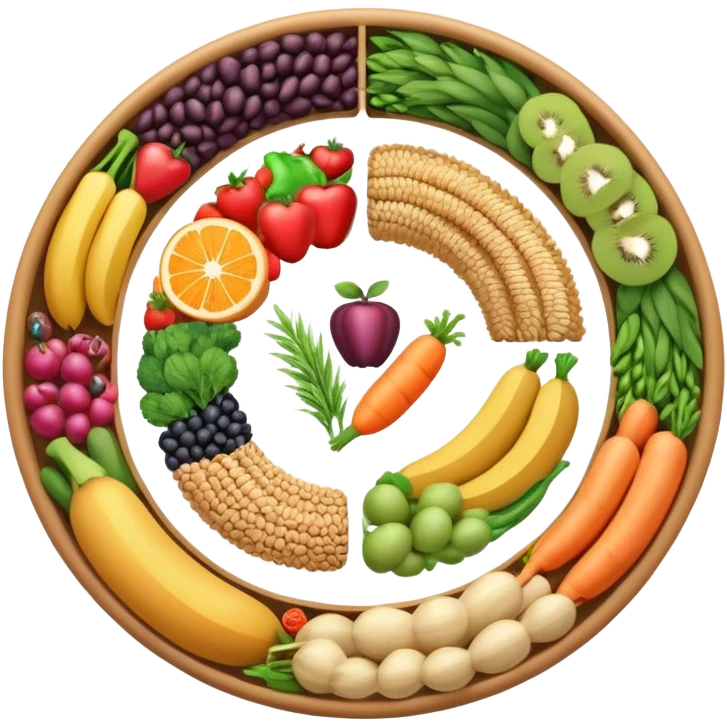 Dietary fiber concept with whole grains, fruits, vegetables and legumes arranged in a circular pattern, with a stylized intestine in the center showing fiber passing through, surrounded by small arrows indicating movement and digestion emoji