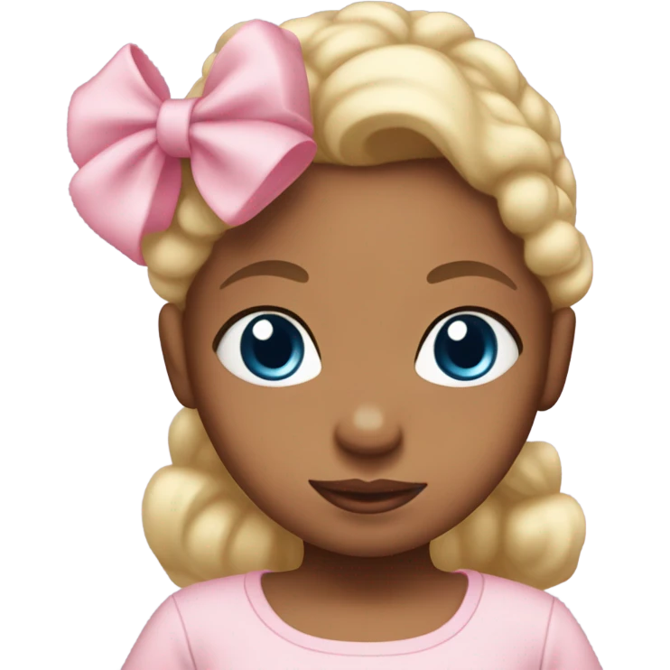 baby girl with blonde hair medium brown skin, blue eyes wearing a light pink dress onesie outfit with pink bow in hair  emoji