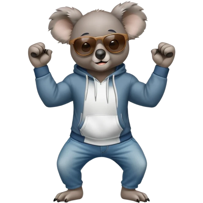 anthropomorphised koala, full body, wearing a hoodie and jeans, dark sunglasses, flexing muscles in a different pose emoji