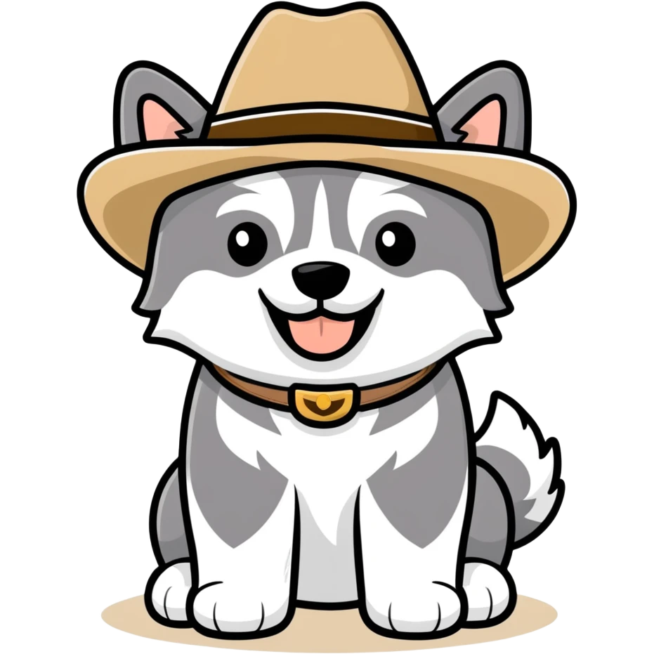 Malamute puppy wearing cowboy hat and smiling emoji