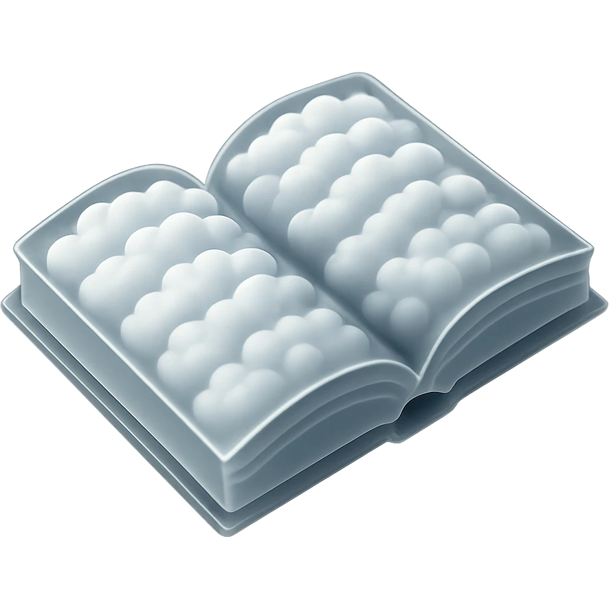 thick open book viewed from above, entirely made of small very bright white fluffy convex clouds, matte glass style emoji