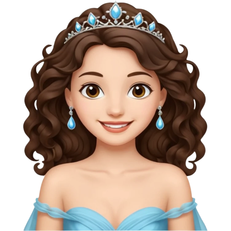 a beautiful brunette wavy flowy hair princess wearing a gown with elegant piercing and smile gently  emoji