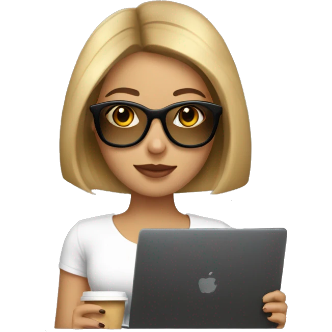 Brunette girl+bob Haircut+ Gold Glases+laptop+coffee emoji