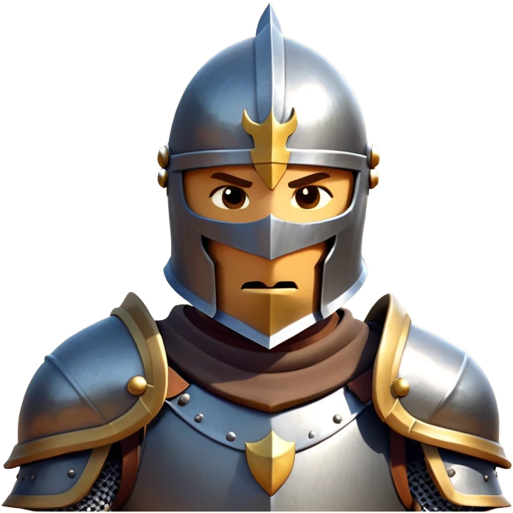 clash-of-clans-aesthetic_-cinematic-fearsome-and-majestic-knight-bust-portrait-emoji, rendered in a flat, vector-style with minimal shading and bold, simplified shapes, depicting a battle-ready medieval knight with steely eyes and intricate armor, mounted on a warhorse reflecting sunlight over a misty battlefield. emoji