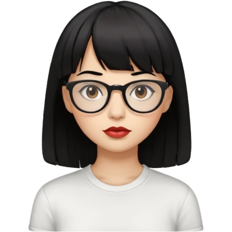 uma mulher snapchat icon, cor da pele normal, cabelo preto liso solto com franja, óculos pretos, piercing na boca e nariz, olhos castanhos, camisa branca emoji