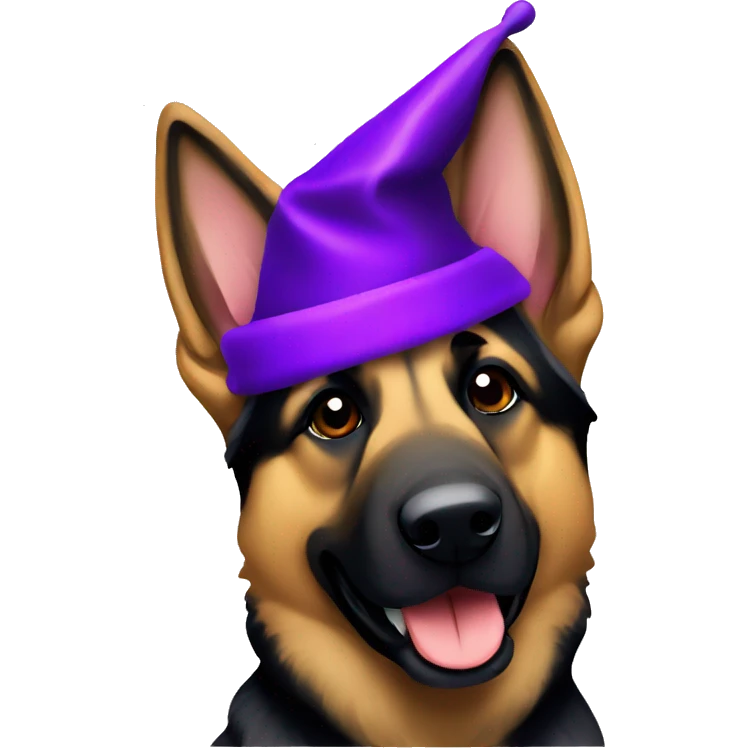 German shepherd with a purple Christmas hat emoji