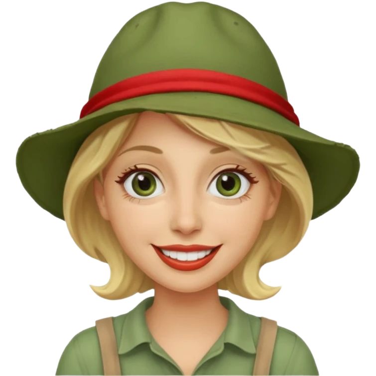 messy green clay mask and red tourist hat blond braided woman big eyes smiling and clay mask on face emoji
