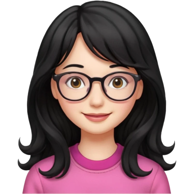 Please generate a portrait of a pretty girl with long, wavy, black hair. She's smiling. She also wears a middle parting and bangs. with glasses pink clothing emoji
