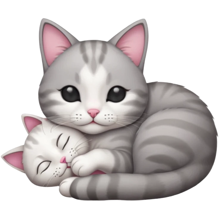 1 grey and white small cat with his eyes closed lying down leaning on his elbow with his paw curled under his head holding it up emoji