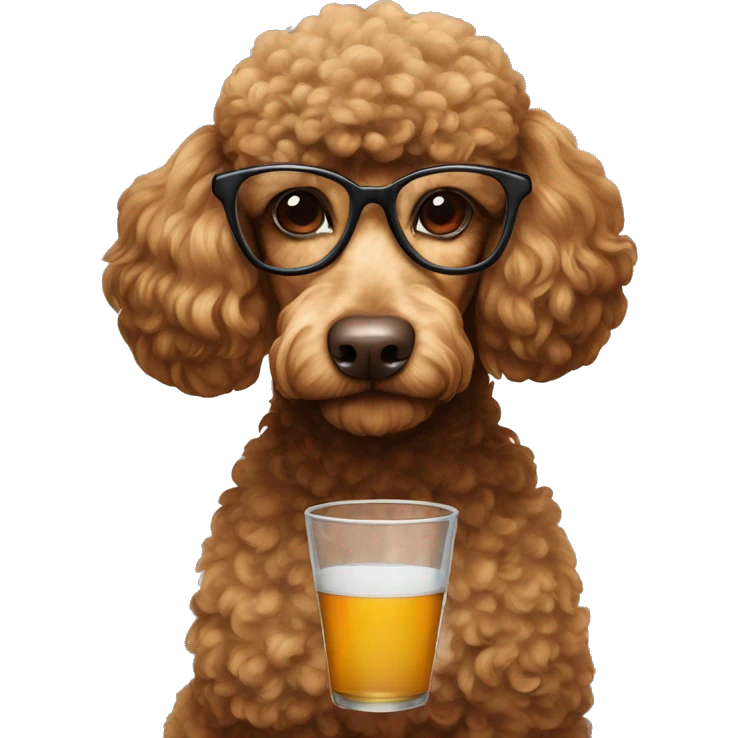 Brown poodle with glasses reading and drinking emoji