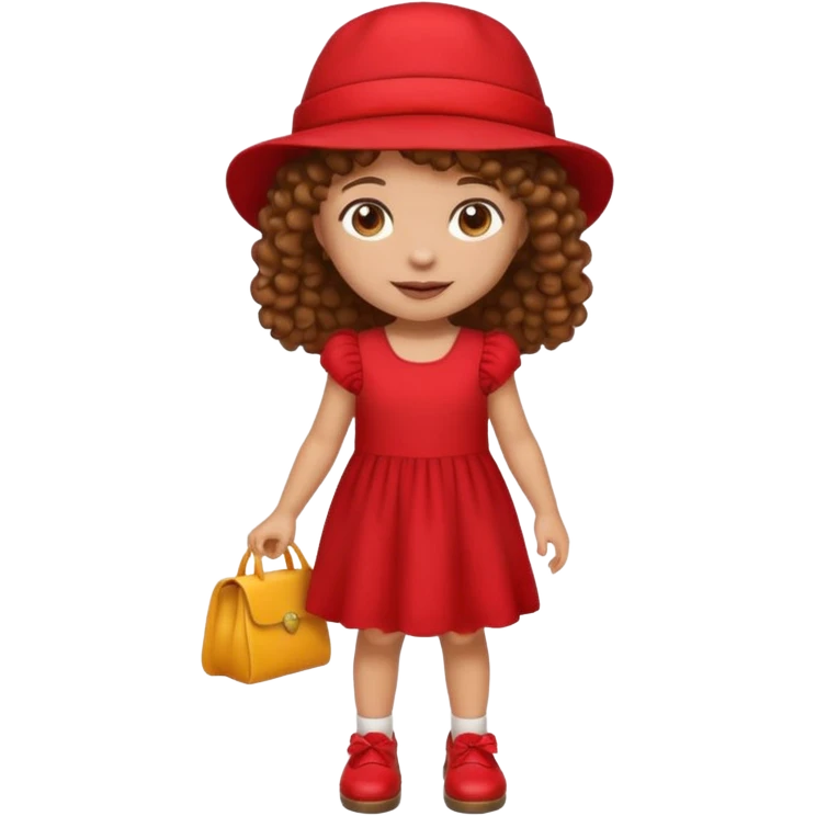 emoji-style icon of a little girl, brown curly hair, light skin, red dress, red hat, brown shoes emoji