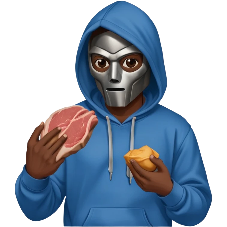 MF DOOM in a blue hoodie holding a piece of meat emoji