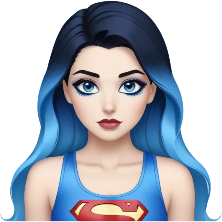 very very large chest-stunning beautiful face-black leggings-glitter lipstick-very long straight dark blue to light blue ombre hair-and-blue eyes-a lot of black eyeliner-thick long eyelashes-sky blue low tanktop with glitter superman logo-no gloves emoji