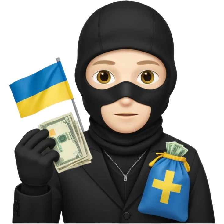 create an incredibly realistic white thief in a black suit and balaclava with a bag of money and a Ukrainian flag on it emoji