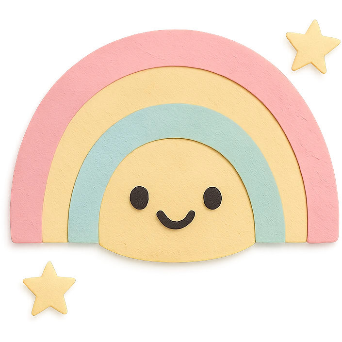 soft pastel gentle rainbow arc with tiny star companions, no arms, no legs, full body, soft pastel kawaii paper craft style emoji