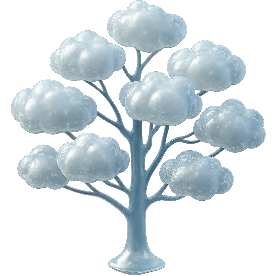 one tree with many branches and a white trunk, crown made of small very bright white fluffy convex clouds, matte glass style emoji